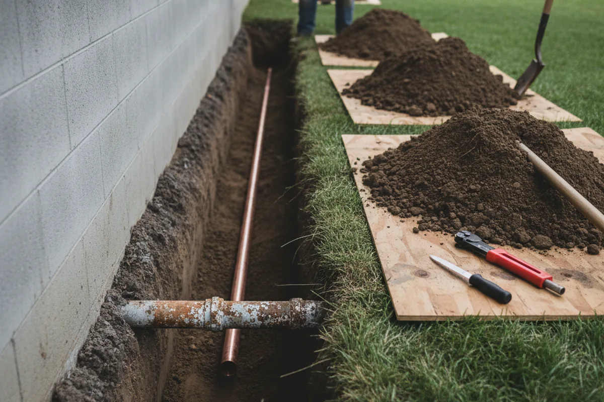 Excavated water line trench during Water Heater Repair in Ellicott City
